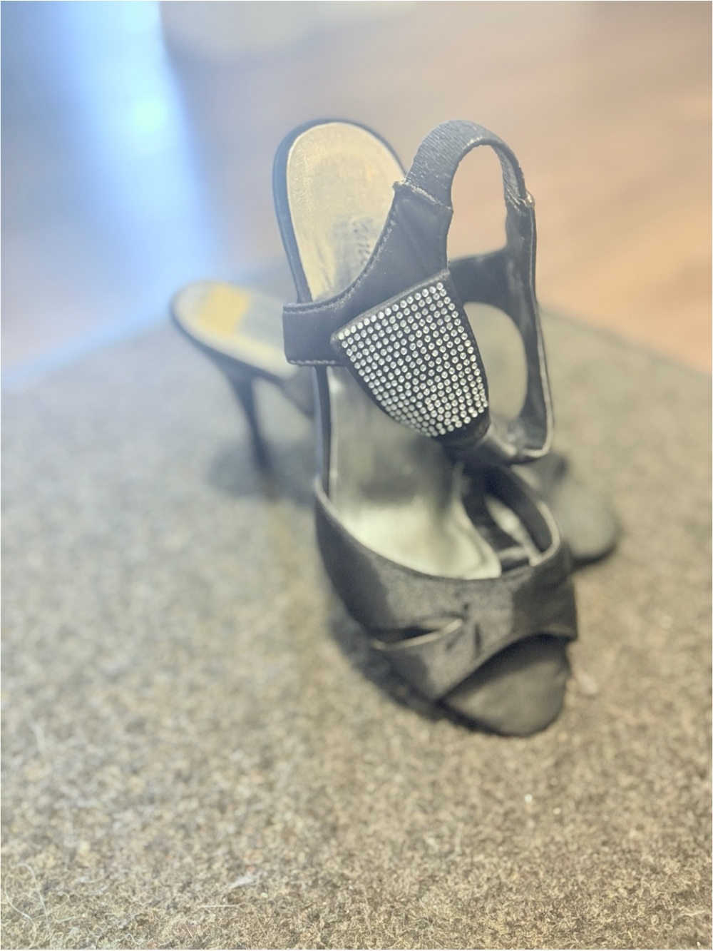 Black Satin Slingback Heels with Crystal Accent